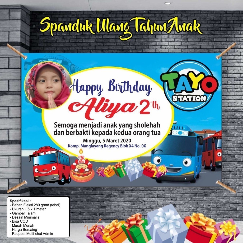 Spanduk Ulang Tahun Tayo – Banner Ultah Anak Perempuan Lucu Murah 120x80cm