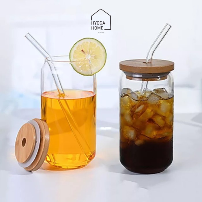 Hanako Straw Cup Gelas Minum Sedotan Kaca Tutup Bambu Tumbler Estetik