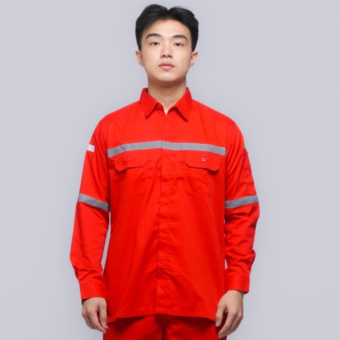 Baju Safety Merah K3 Lapangan Seragam Wearpack Proyek Lengan Panjang
