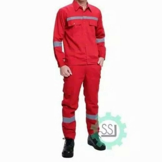 Baju safety K3 Proyek Setelan Merah/Seragam Kerja Pria Baju Celana