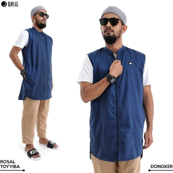 Terbaru | Rompi Toyyiba Rosal Biru Dongker, Rompi Sholat Pria Polos Kerah Koko Full Zipper Bahan Toy