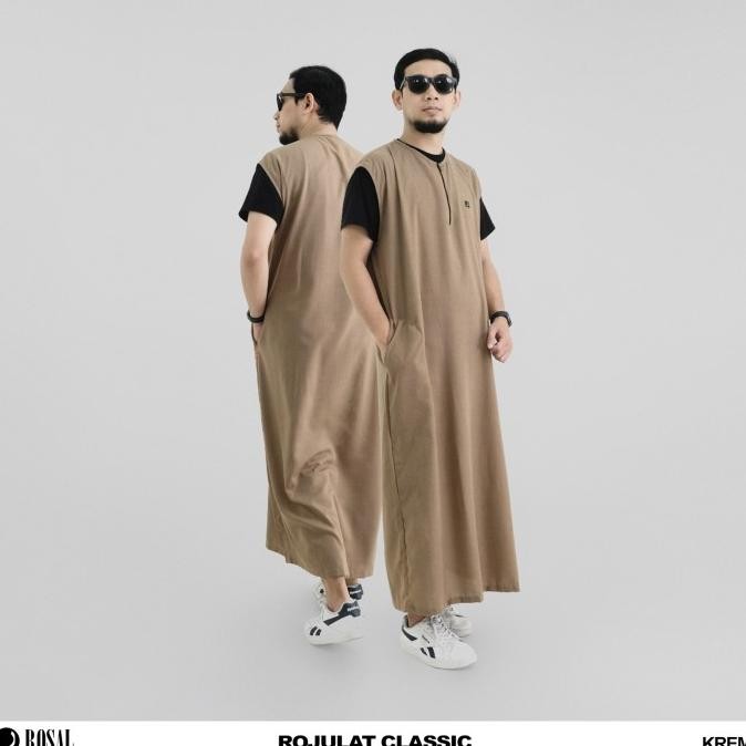 Terbaru | Rojulat Classic Rosal Krem, Rompi Sholat Pria Panjang Seperti Gamis Tanpa Lengan Bahan Bab
