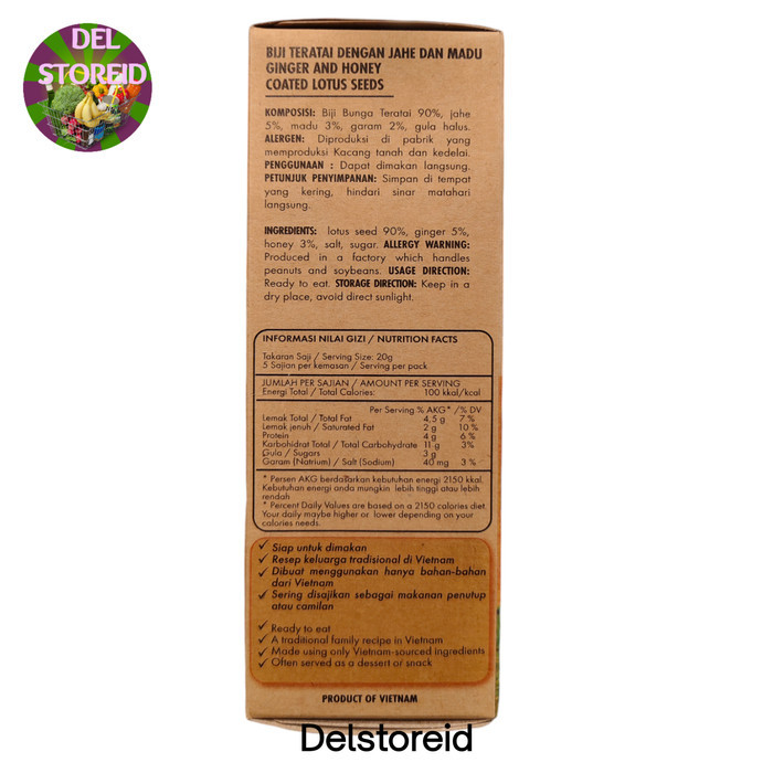 

NAM XANH GINGER AND HONEY COATED LOTUS SEEDS (BIJI TERATAI DENGAN JAHE DAN MADU) 100GR