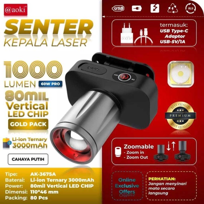Senter Kepala Zoom Aoki Ak-3675A 60W Pro 1000 Lumen - Tahan Lama - Zoom Jarak Jauh