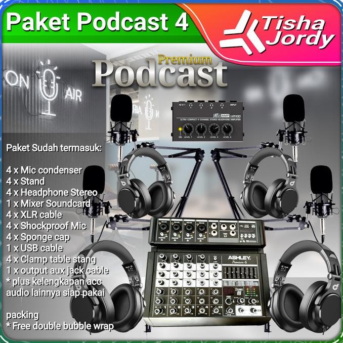Paket podcast 4 orang mic, headphone, mixer ashley, rekaman, live