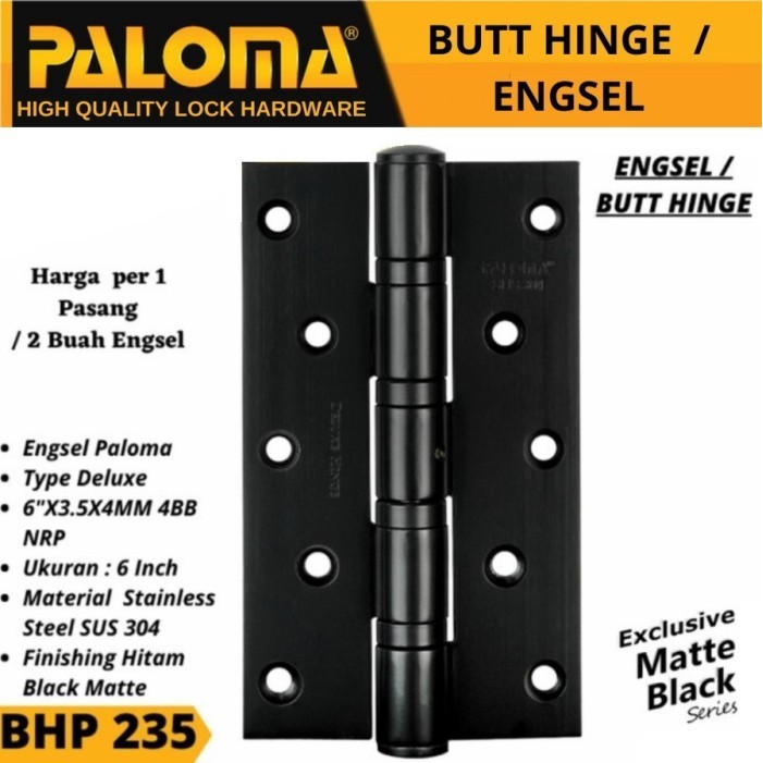 PALOMA BHP 235 6"X3.5X4MM 4BB NRP BLACK MATTE HINGE Engsel Pintu HITAM