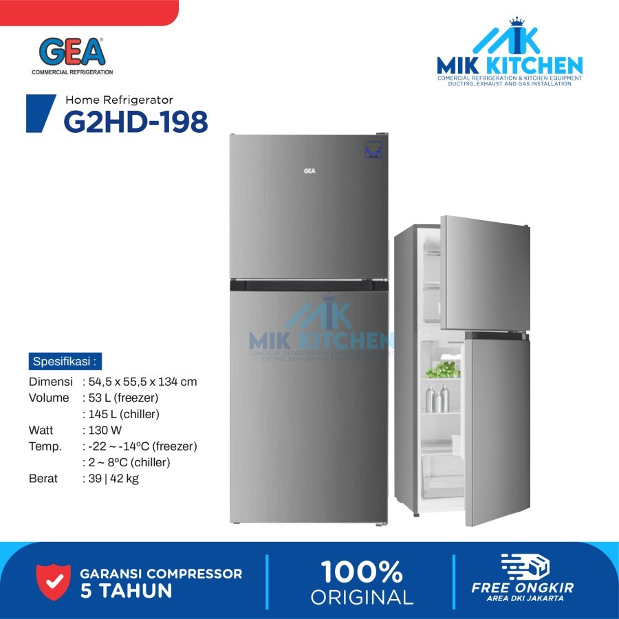 GEA Kulkas Rumah 2 Pintu INOX G2HD-198 / G2HD 198 / G2HD198