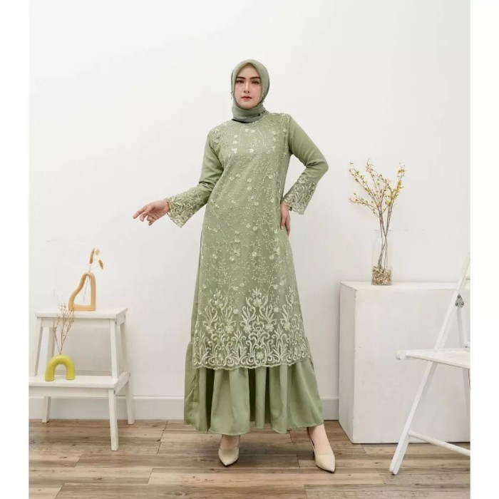 Gamis paramitha pesta dress brukat tile moscrepe wisuda hijau sage