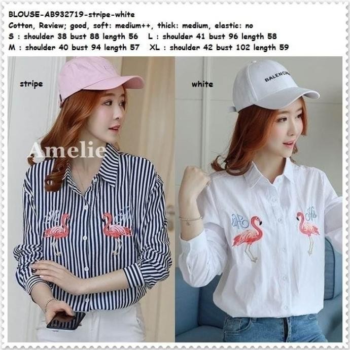 Promo Baju Atasan Hem Kemeja Bordir Flamingo Garis Putih Blouse Tunik Import
