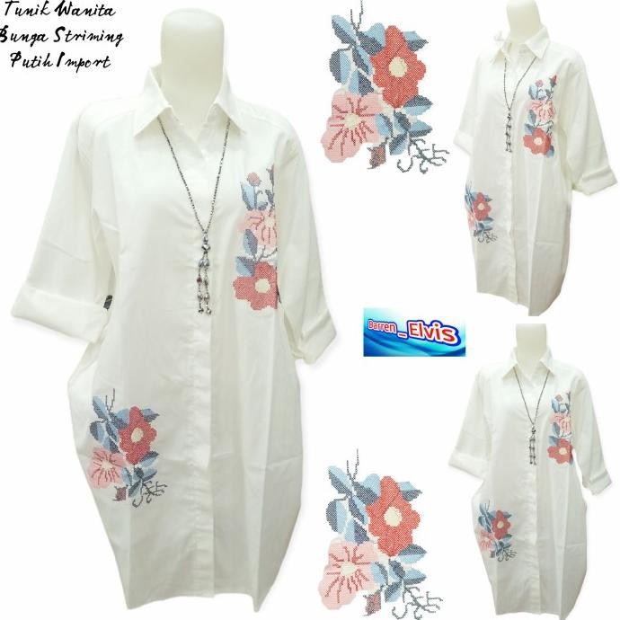 Promo Tunik Putih Wanita Import // Best Seller // Bordir Bunga Striming 001