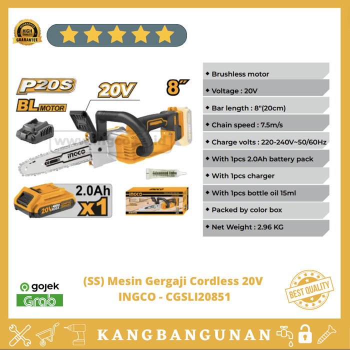 Cordless Chainsaw 8" Brushless Ingco Cgsli20851 Mesin Gergaji P20S