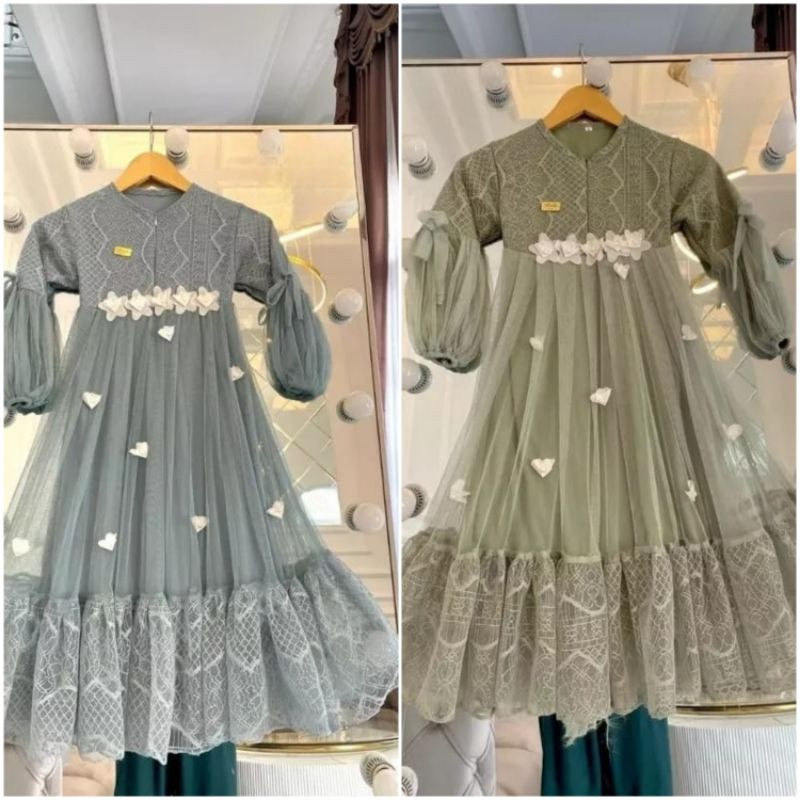 GAMIS ANAK PEREMPUAN - Gamis Pesta Anak Perempuan Motif Bunga Bahan Brukat Mix Tille Usia 3 - 15 Ter