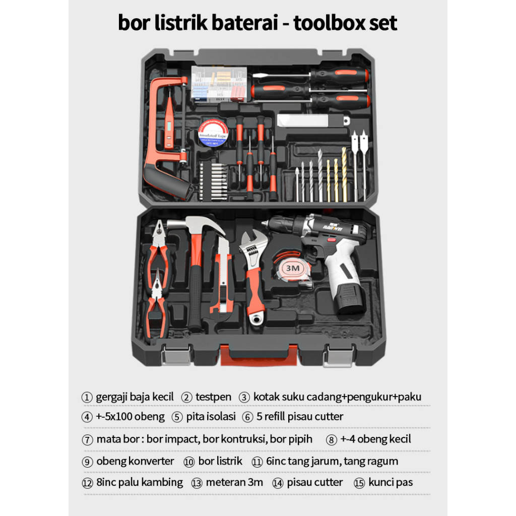 Kotak Alat Multifungsi Bor Listrik Set Obeng/Tool Kit Set/Mesin Bor Baterai Tangan/ Toolkit Toolbox