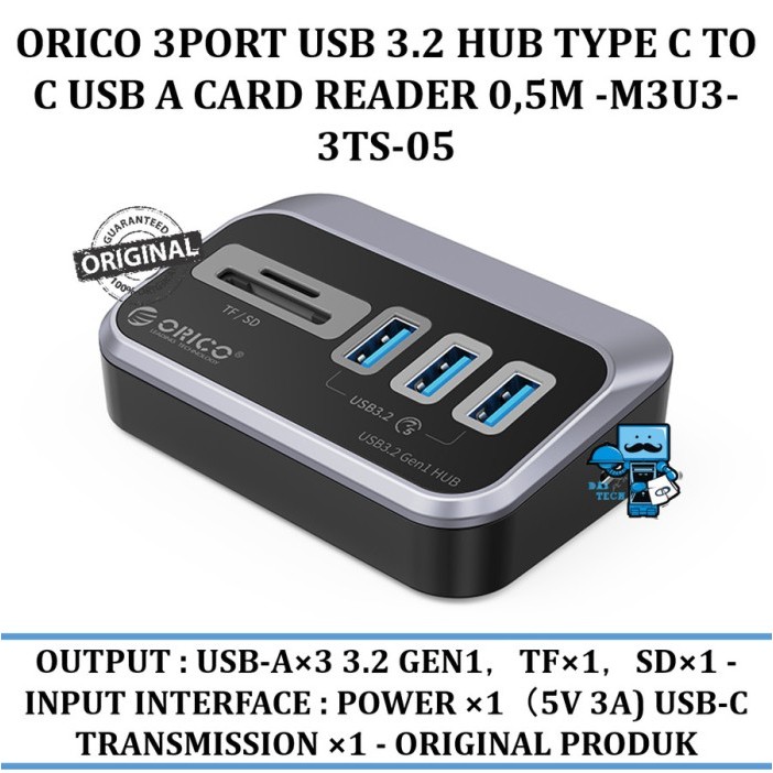 Orico 3Port Usb 3.2 Hub Usb A D Reader 0,5M -M3U3-3Ts-05