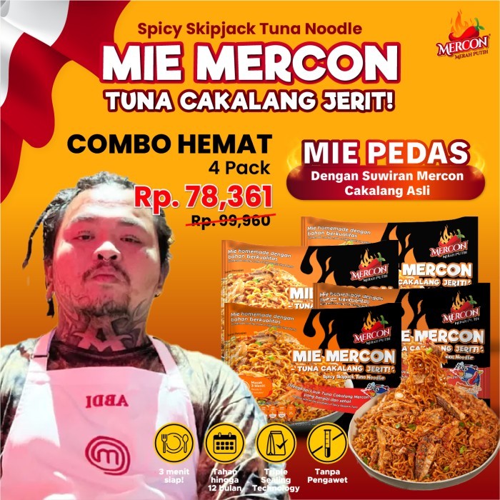 

TERLARIS! [Chef KingAbdi Approved] Mercon Merah Putih - Combo Hemat 4 Pack Mie Mercon Tuna Cakalang