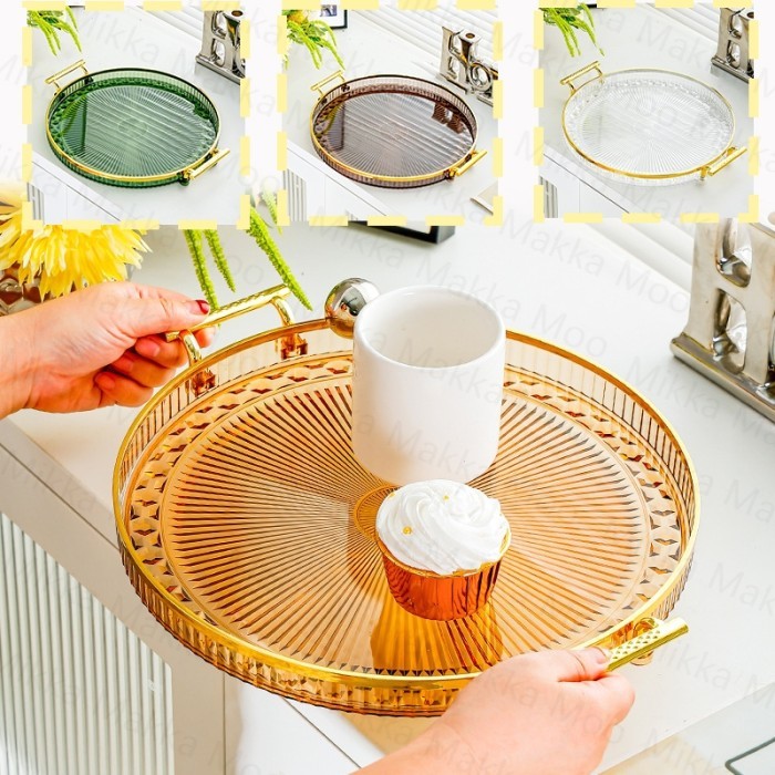 TERLARIS NAMPAN BULAT AKRILIK HANDLE GOLD PLASTIK BAKI TRANSPARAN WADAH NAMPAN MANGKOK AESTHETIC