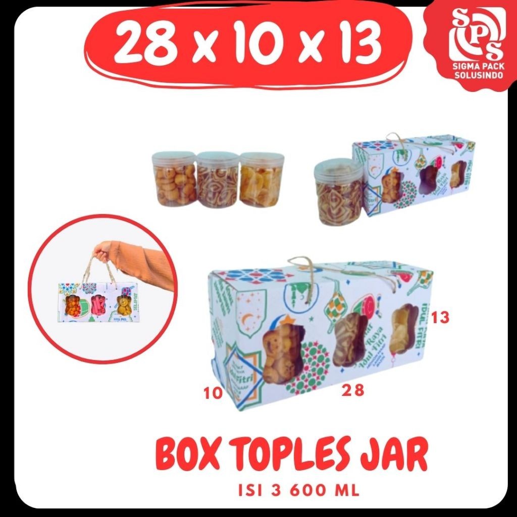 

Box 28X10X13 Jinjing Tali (Kuker Toples Jar 600 Ml Isi 3) Gable Box Kardus Kue Kering / Idul Fitri