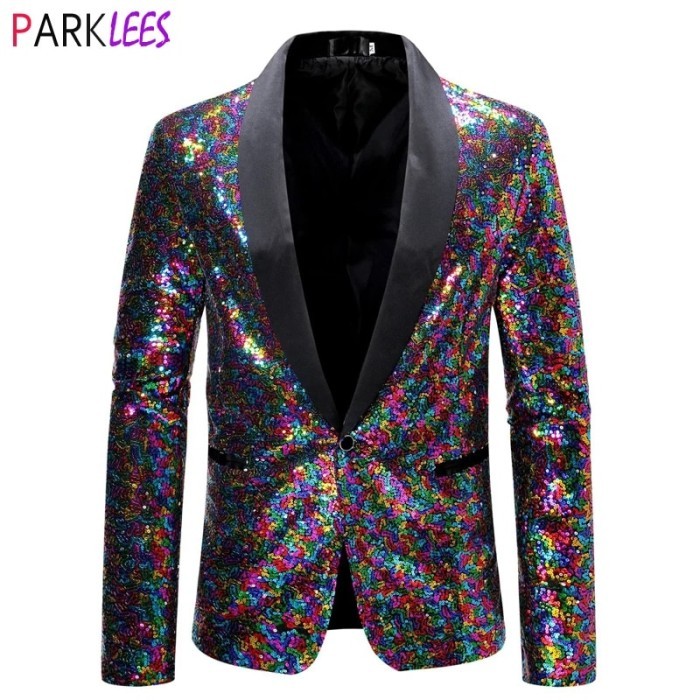 AppleDezign Oversized Shiny Colorful Sequin Tuxedo Suit Jacket Men Shawl Collar