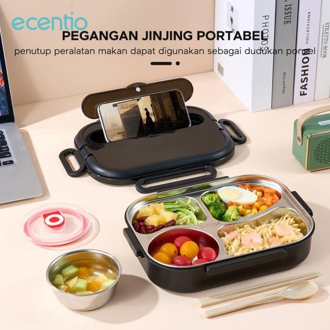 Ecentio 1L Kotak Makan Stainless 304 Tempat Makan Lunch Box 4/5 Sekat