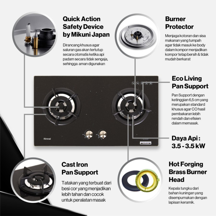 Rinnai Built In Hob Rb-2Gh-C Sb / Rb 2Gh C(Sb) Kompor Tanam 2 Tungku