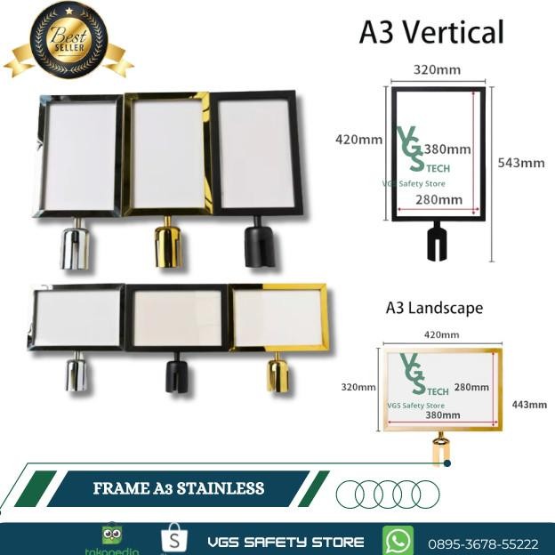 

Sign Frame A3 Potrait / Landscape Papan Tiang Antrian Stainless