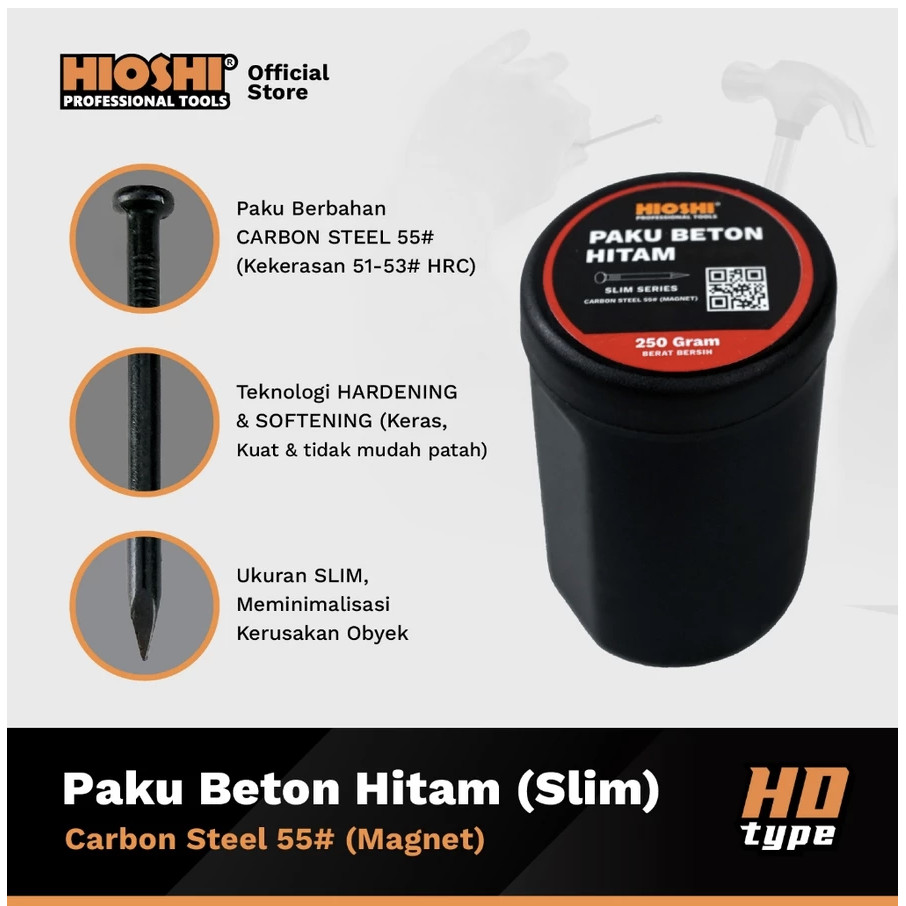 Paku Beton Tembok Cor Hitam Baja (Slim Series) nett 250g/box HIOSHI HD