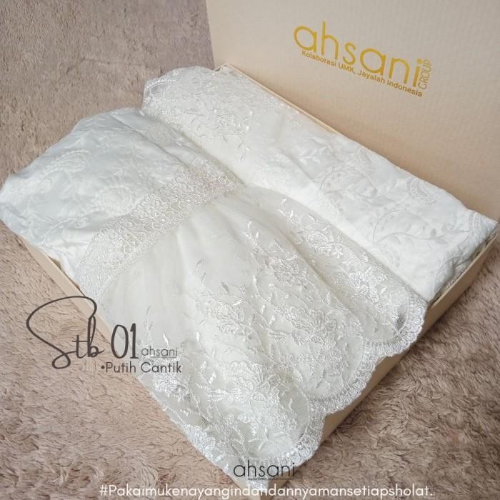Mukena Ahsani STB01 Rukuh Dewasa Putih Sutra Bordir ORI Renda Mewah lembut premium
