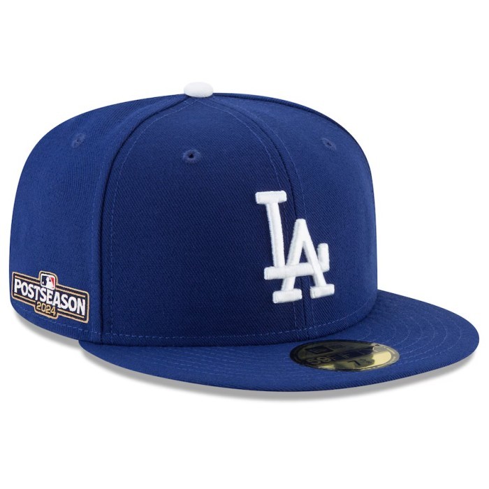 LA Dodgers Royal 2024 MLB Postseason Side Patch 59FIFTY Fitted Hat Cap New Era. Topi Unisex Pria