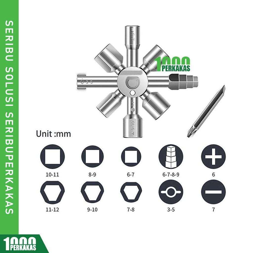 1P Pas Kunci 10 in 1 Universal / Obeng Soket Ring Serbaguna Segitiga Silang