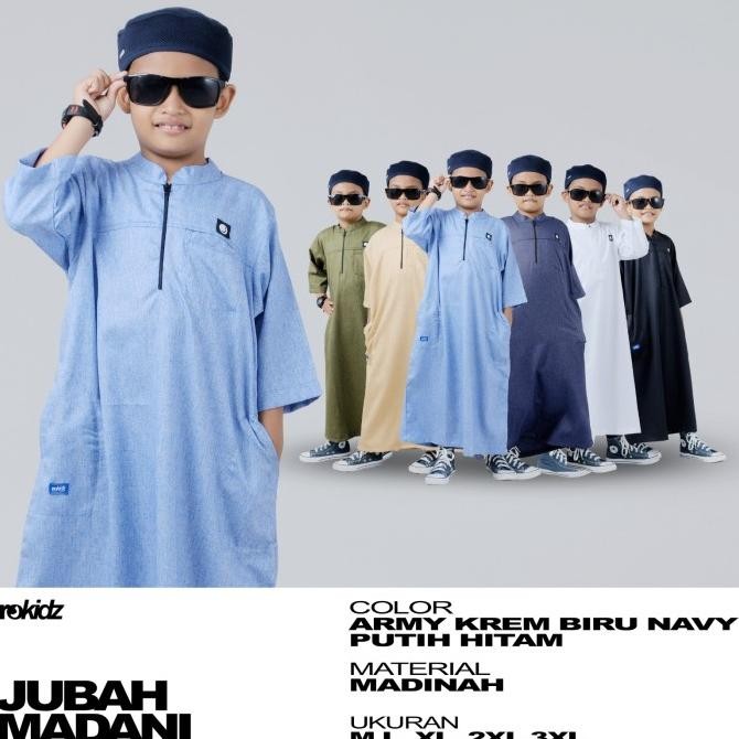 KUYY JUBAH MADANI ROKIDZ - JUBAH GAMIS ANAK LAKI-LAKI AL HARAMAIN, KERAH KOKO, LENGAN 7/8, BAHAN MAD