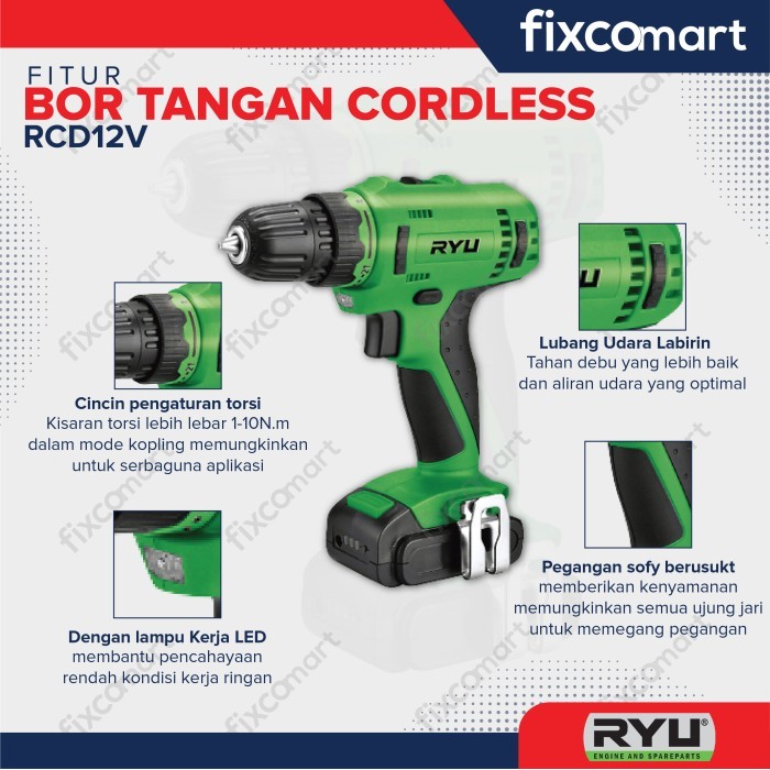 RYU Mesin Bor Tangan Cordless RCD 12V / Mesin Bor Baterai Portable