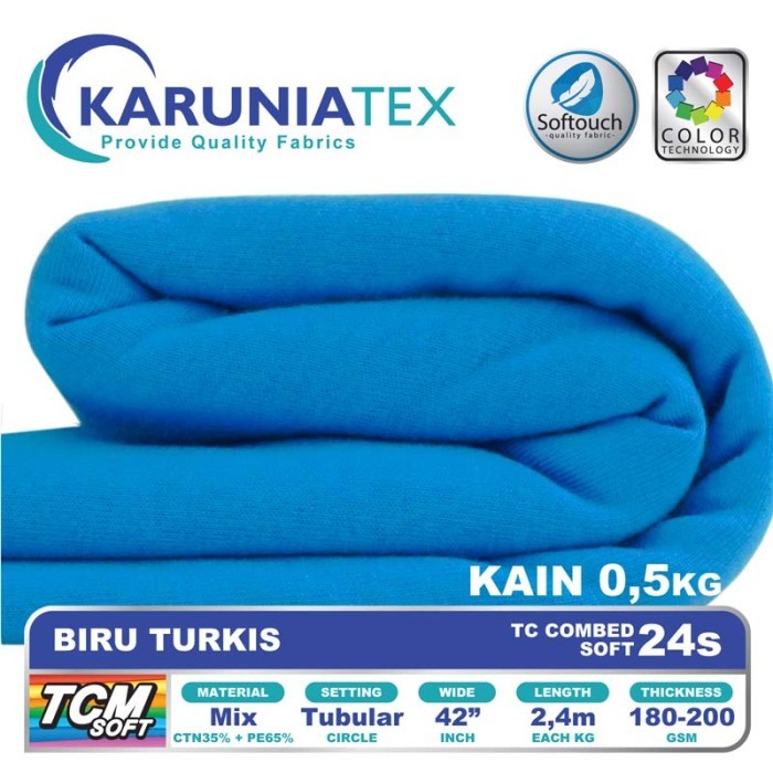 

Bahan Kaos TC Combed 24s 0,5 Kg Biru Turkis Karunia Textile