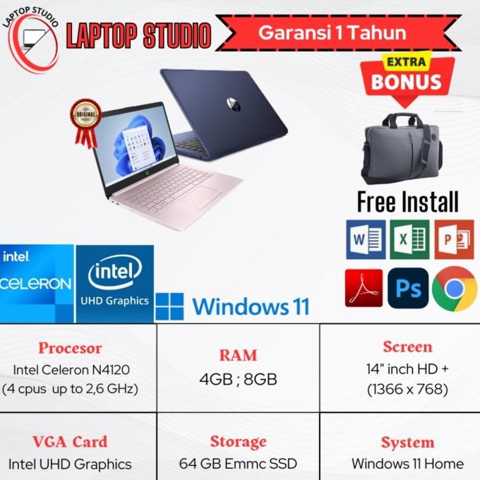 Laptop Baru Hp 14 Intel N4120U (4 Cpus, 2,6Ghz ) Ssd