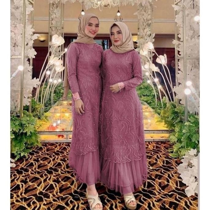 Geraldine Gamis Pesta / Baju Muslim Wanita Jumbo / Gamis Brukat Tile /