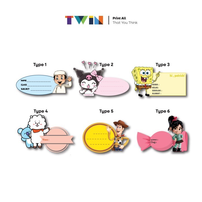 STIKER NAMA LABEL BUKU MATA PELAJARAN ANAK SEKOLAH KARAKTER BENTUK
