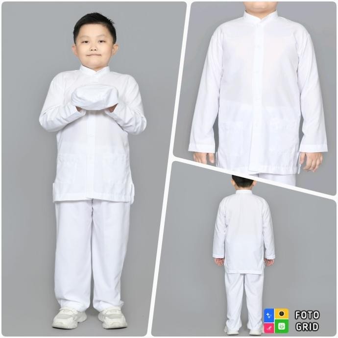 STELAN TAQWA KOKO ANAK LAKI TERBARU BAJU MUSLIM LENGAN PANJANG KATUN WARNA PUTIH POLOS UNTUK NGAJI