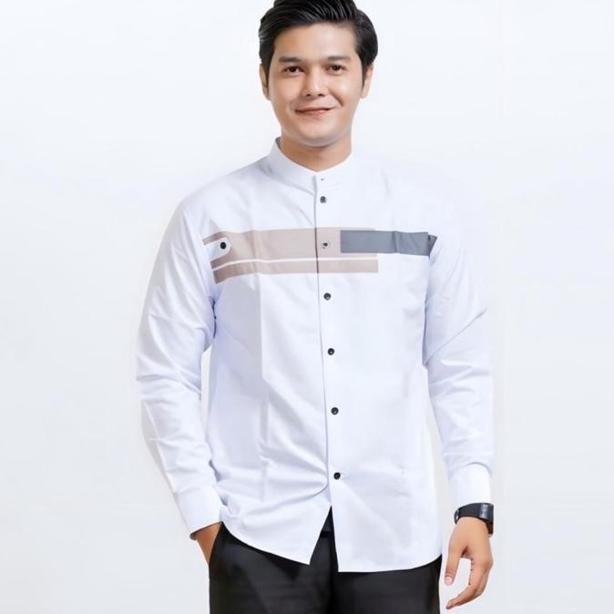 BAJU KOKO PRIA DEWASA LENGAN PANJANG SLIM FIT WARNA PUTIH MOTIF YORDAN