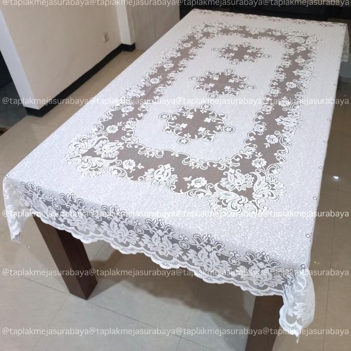 Taplak Meja Makan Warna Putih Klasik Kain Brokat Vintage 4 - 6 Kursi