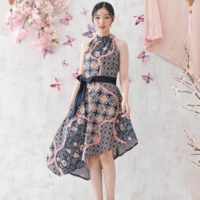 Dress Batik Wanita Modern / Dres Pesta Kondangan Couple Pink Navy