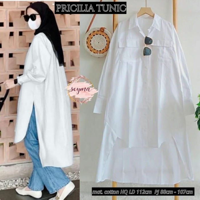 Tunik Pricilia Tunic putih polos tunik wanita tunik muslim long tunik jumbo kekinian kekinian elegan
