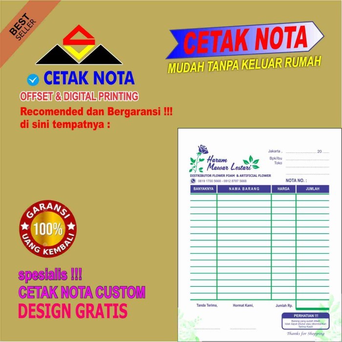 

Ready cetak nota 2 ply full warna (digital print 1/4F)