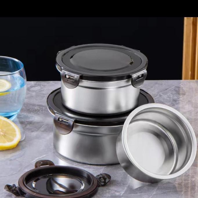 Toples Bulat Tupperware Stainless dengan Penutup Klip Seal Anti Tumpah