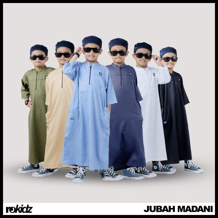 Jubah Madani Rokidz - Jubah Gamis Anak Laki-Laki Al Haramain, Kerah Koko, Lengan 7/8, Bahan Madinah 