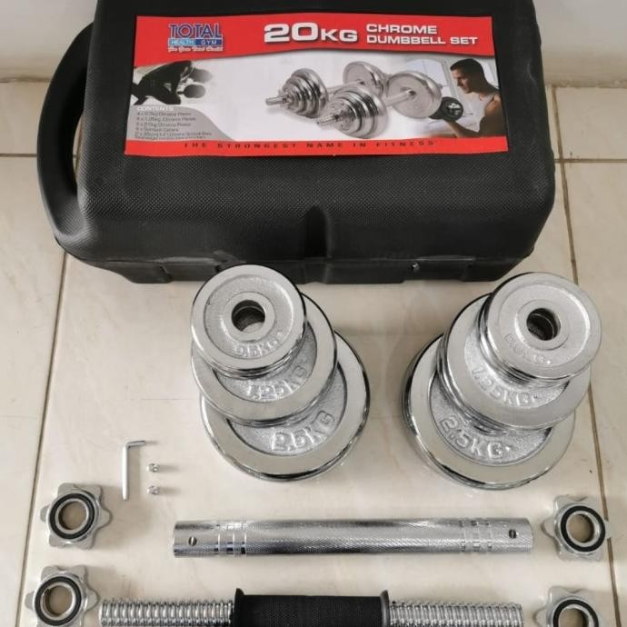 Dumbell Set 20Kg Full Besi Chrom Box. Barbel 20Kg