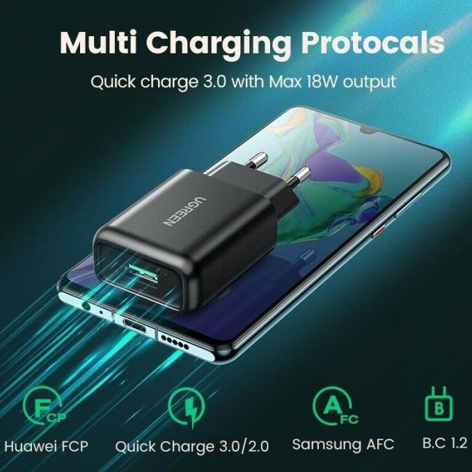 UGREEN Charger HP Fast Charging 18W Quick Charge QC3.0 3A Adaptor Handphone Cas Casan Carger Cepat R
