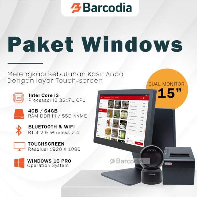 Paket Mesin Kasir Windows Untuk Restoran Dual Monitor Touchscreen