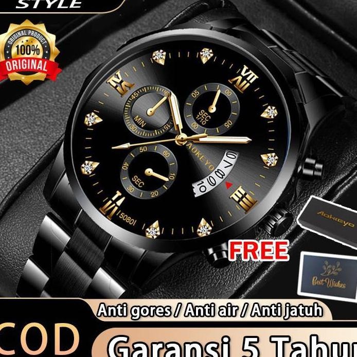 TerAokeyo 5080 Jam Tangan Pria Anti Air Luxury Stainless Steel Free Box+Kartu Garansi