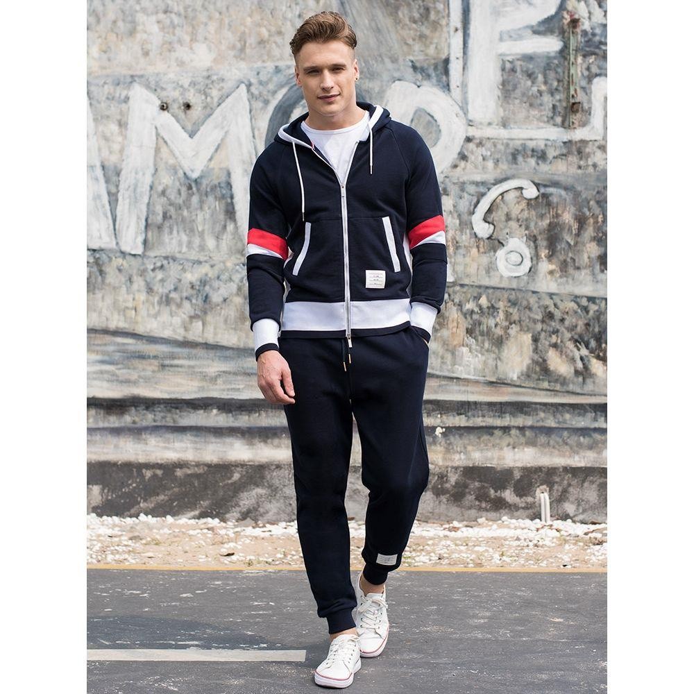 THOM BROWNE Patchwork Warna Kontras Trendi Jaket Musim Semi Berkerudung Kaus Trendi Merek Pria dan W