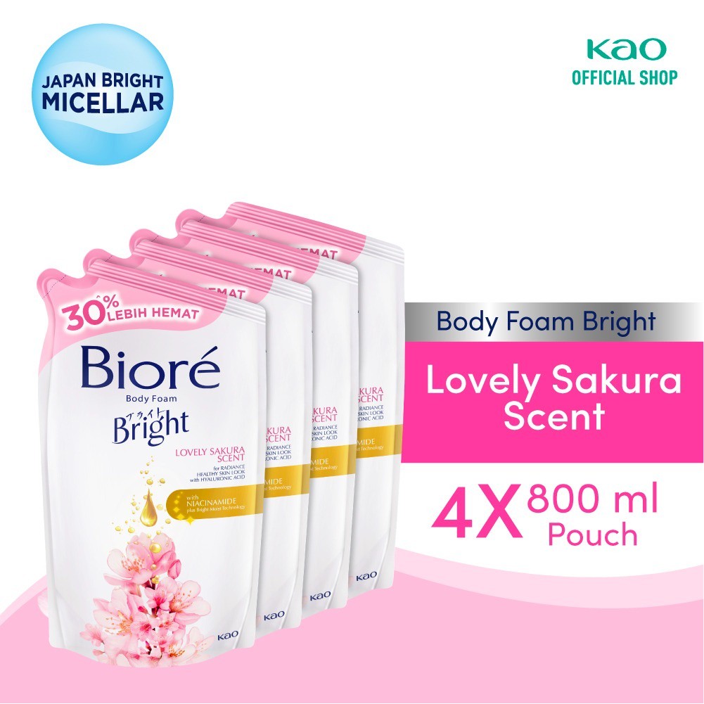 Biore Bright Sabun Mandi Cair Body Foam Lovely Sakura Pouch 800 ml Four Pack