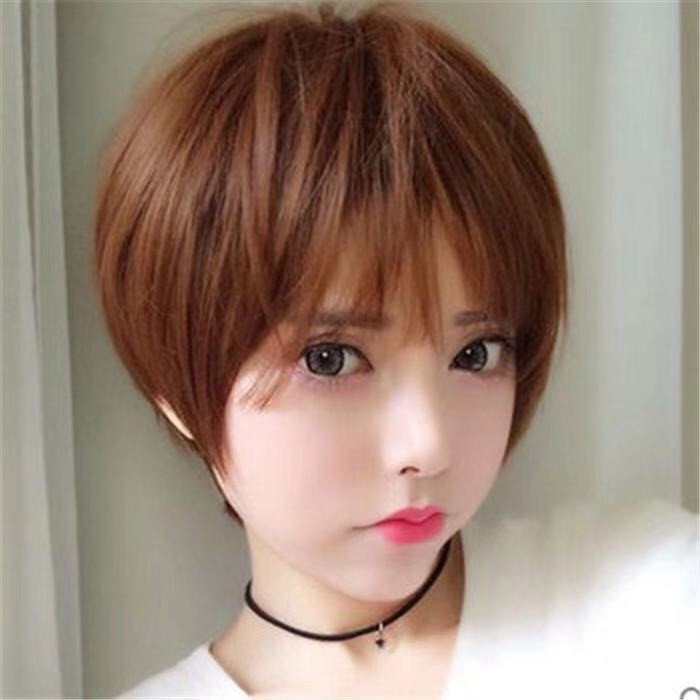 Wik Rambut Wanita Pendek Kepala Penuh Wig Realistis Wajah Bulat Modis Lebih Muda Kepala Siswa Penuh 